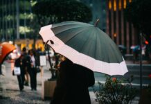 Hvilken type paraply burde du tage med på rejsen? Kvinde går med paraply i byen